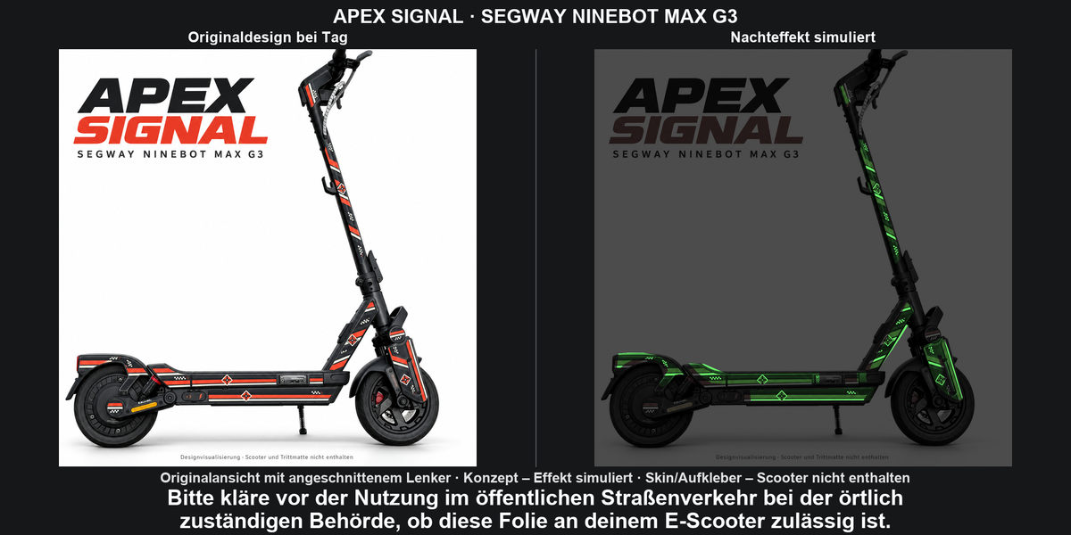 Originalansicht mit angeschnittenem Lenker; APEX SIGNAL · SEGWAY NINEBOT MAX G3 – Original bei Tag und simulierter grüner Nachleuchteffekt; Effekt simuliert; Scooter nicht enthalten. Bitte kläre vor der Nutzung im öffentlichen Straßenverkehr bei der örtlich zuständigen Behörde, ob diese Folie an deinem E-Scooter zulässig ist.