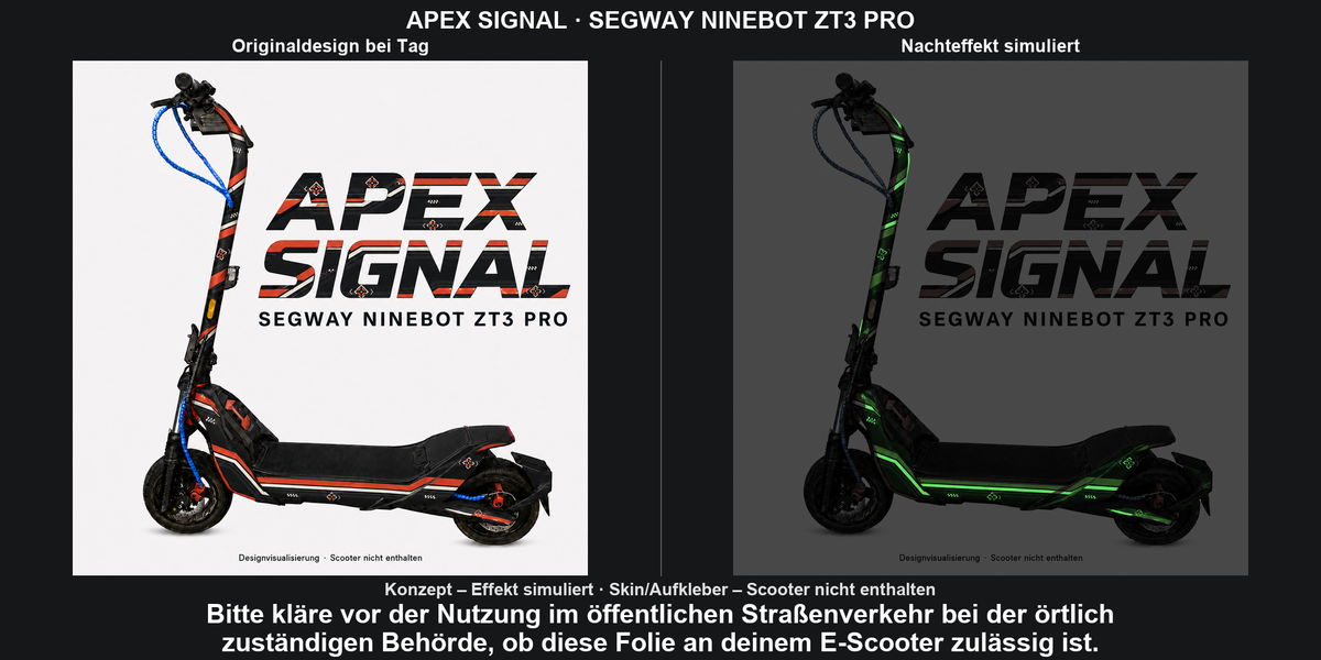 APEX SIGNAL · SEGWAY NINEBOT ZT3 PRO – Original bei Tag und simulierter grüner Nachleuchteffekt; Effekt simuliert; Scooter nicht enthalten. Bitte kläre vor der Nutzung im öffentlichen Straßenverkehr bei der örtlich zuständigen Behörde, ob diese Folie an deinem E-Scooter zulässig ist.