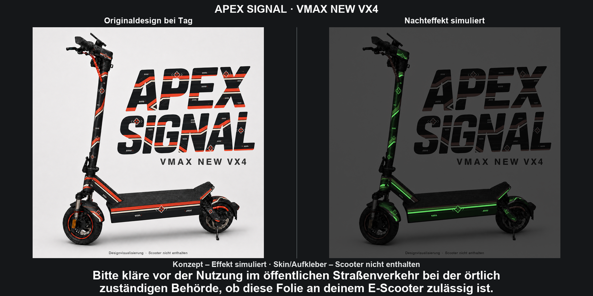 APEX SIGNAL · VMAX NEW VX4 – Original bei Tag und simulierter grüner Nachleuchteffekt; Effekt simuliert; Scooter nicht enthalten. Bitte kläre vor der Nutzung im öffentlichen Straßenverkehr bei der örtlich zuständigen Behörde, ob diese Folie an deinem E-Scooter zulässig ist.