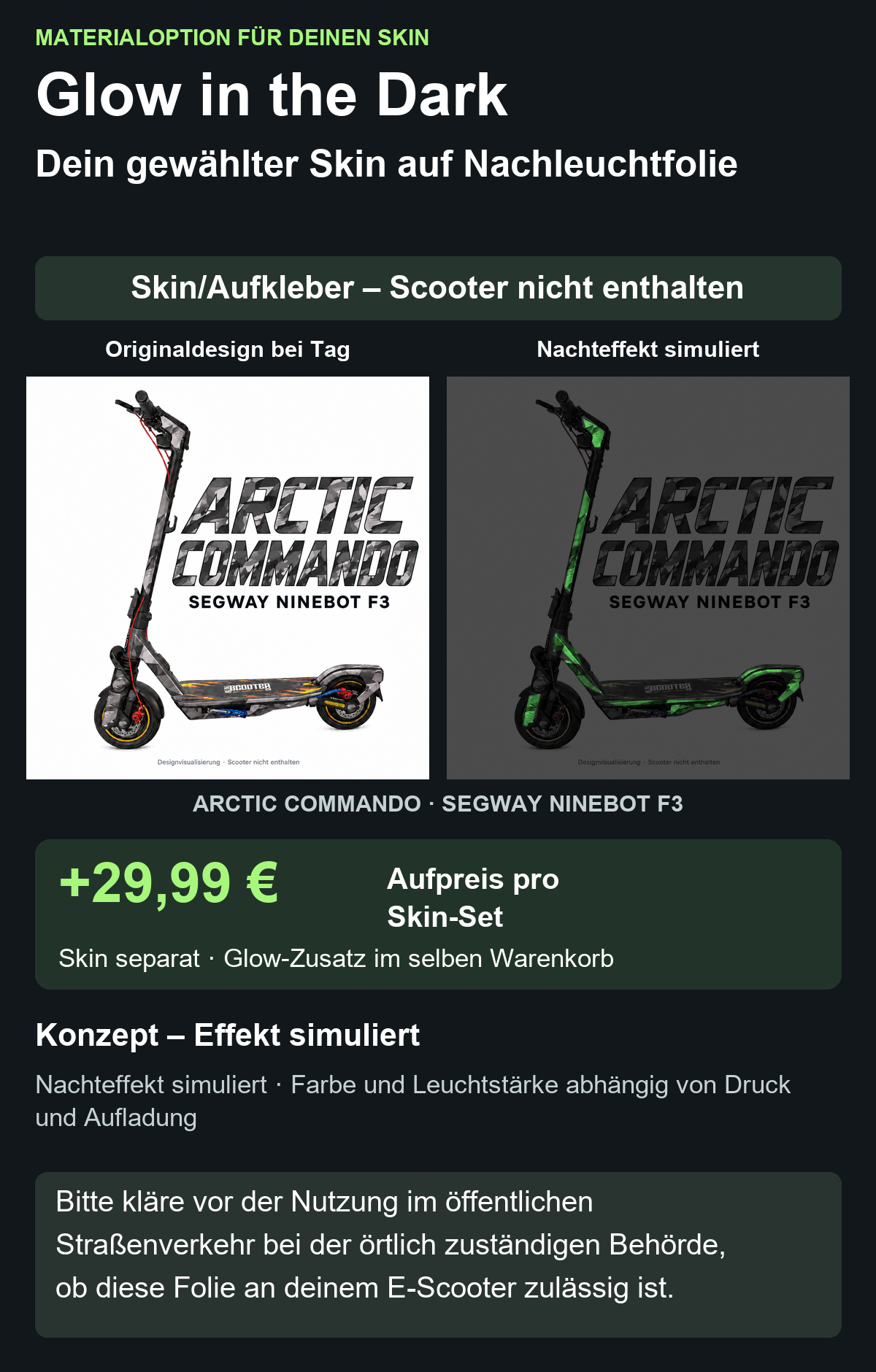 ARCTIC COMMANDO · SEGWAY NINEBOT F3 – Glow Zusatzoption +29,99 €; Skin separat; Effekt simuliert; Scooter nicht enthalten. Bitte kläre vor der Nutzung im öffentlichen Straßenverkehr bei der örtlich zuständigen Behörde, ob diese Folie an deinem E-Scooter zulässig ist.