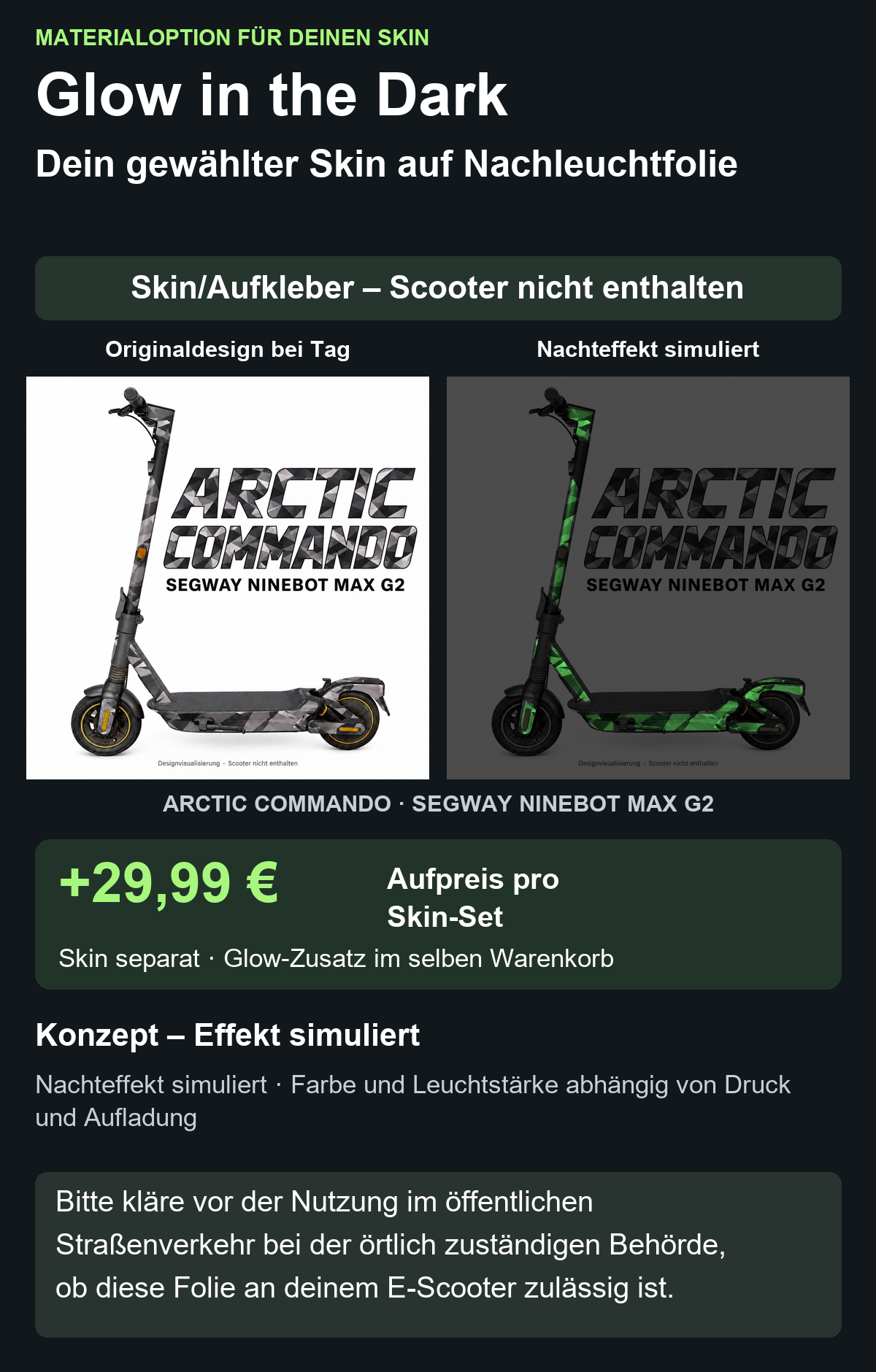 ARCTIC COMMANDO · SEGWAY NINEBOT MAX G2 – Glow Zusatzoption +29,99 €; Skin separat; Effekt simuliert; Scooter nicht enthalten. Bitte kläre vor der Nutzung im öffentlichen Straßenverkehr bei der örtlich zuständigen Behörde, ob diese Folie an deinem E-Scooter zulässig ist.