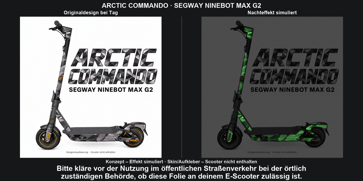 ARCTIC COMMANDO · SEGWAY NINEBOT MAX G2 – Original bei Tag und simulierter grüner Nachleuchteffekt; Effekt simuliert; Scooter nicht enthalten. Bitte kläre vor der Nutzung im öffentlichen Straßenverkehr bei der örtlich zuständigen Behörde, ob diese Folie an deinem E-Scooter zulässig ist.