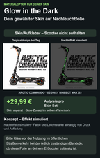ARCTIC COMMANDO · SEGWAY NINEBOT MAX G3 – Glow Zusatzoption +29,99 €; Skin separat; Effekt simuliert; Scooter nicht enthalten. Bitte kläre vor der Nutzung im öffentlichen Straßenverkehr bei der örtlich zuständigen Behörde, ob diese Folie an deinem E-Scooter zulässig ist.