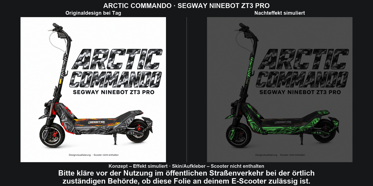 ARCTIC COMMANDO · SEGWAY NINEBOT ZT3 PRO – Original bei Tag und simulierter grüner Nachleuchteffekt; Effekt simuliert; Scooter nicht enthalten. Bitte kläre vor der Nutzung im öffentlichen Straßenverkehr bei der örtlich zuständigen Behörde, ob diese Folie an deinem E-Scooter zulässig ist.