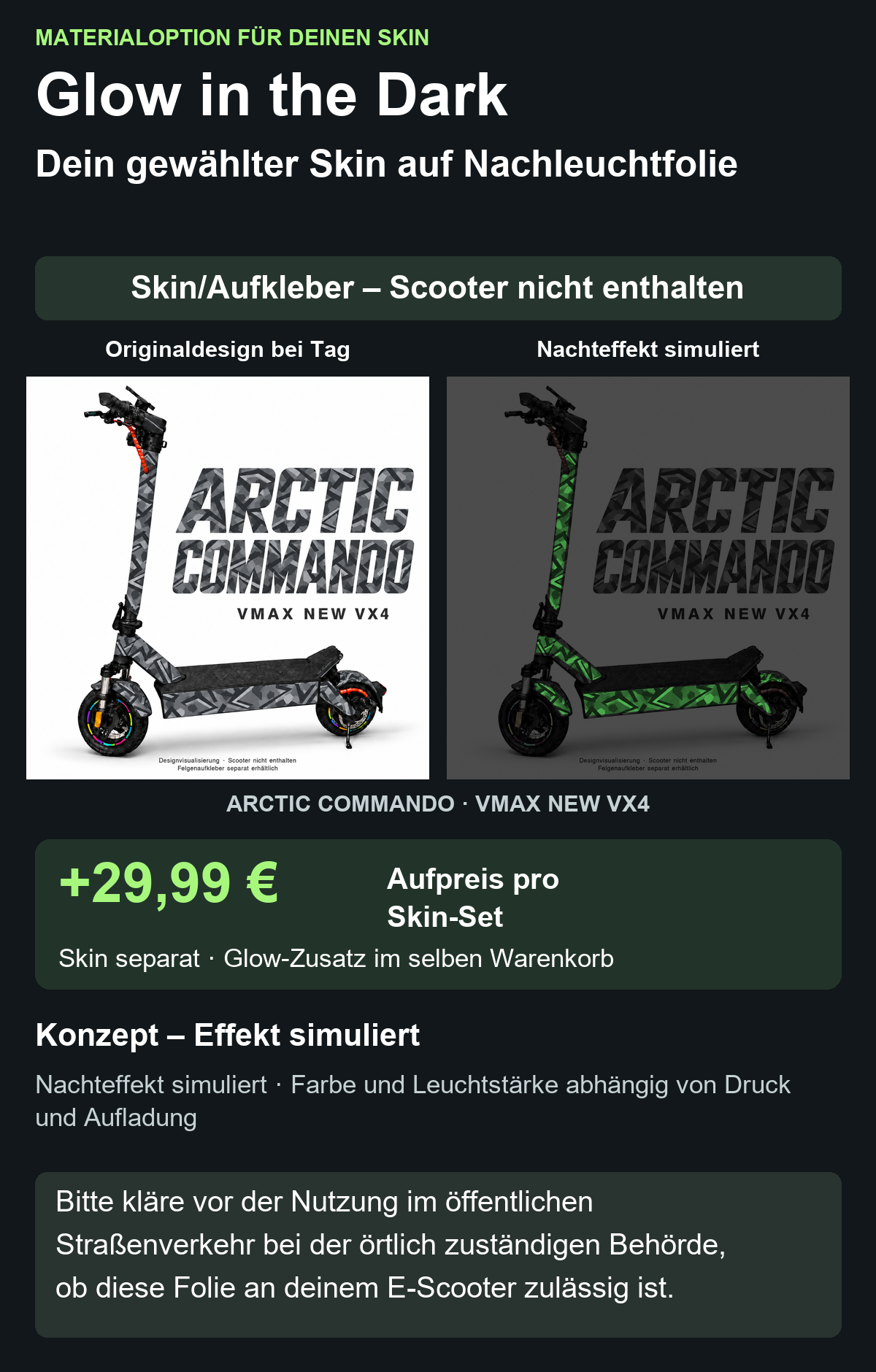 ARCTIC COMMANDO · VMAX NEW VX4 – Glow Zusatzoption +29,99 €; Skin separat; Effekt simuliert; Scooter nicht enthalten. Bitte kläre vor der Nutzung im öffentlichen Straßenverkehr bei der örtlich zuständigen Behörde, ob diese Folie an deinem E-Scooter zulässig ist.