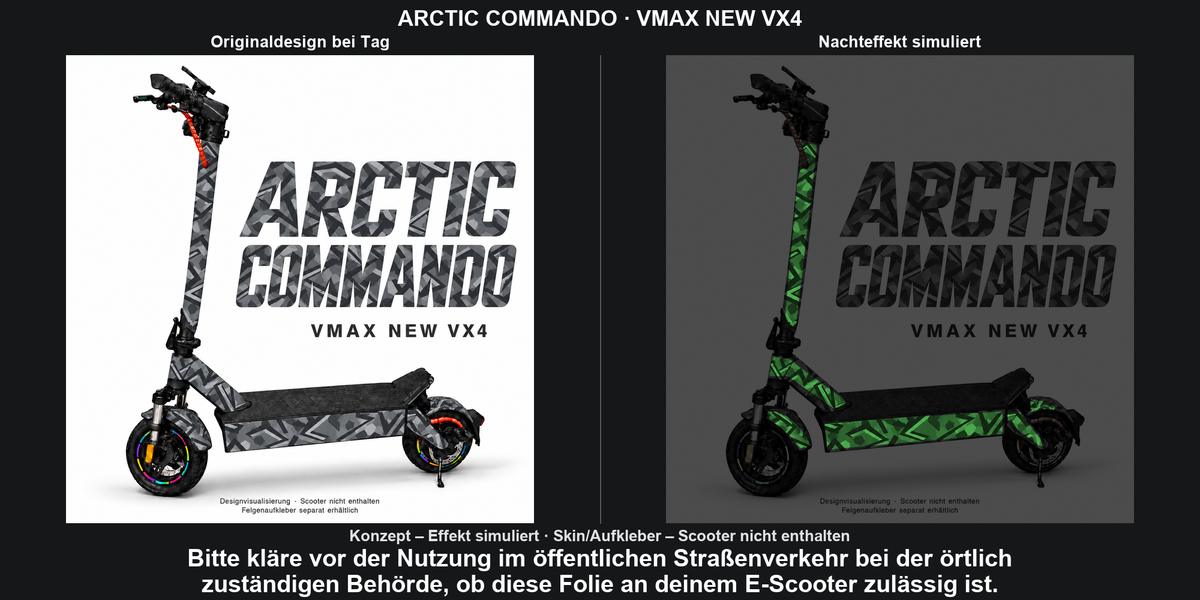 ARCTIC COMMANDO · VMAX NEW VX4 – Original bei Tag und simulierter grüner Nachleuchteffekt; Effekt simuliert; Scooter nicht enthalten. Bitte kläre vor der Nutzung im öffentlichen Straßenverkehr bei der örtlich zuständigen Behörde, ob diese Folie an deinem E-Scooter zulässig ist.