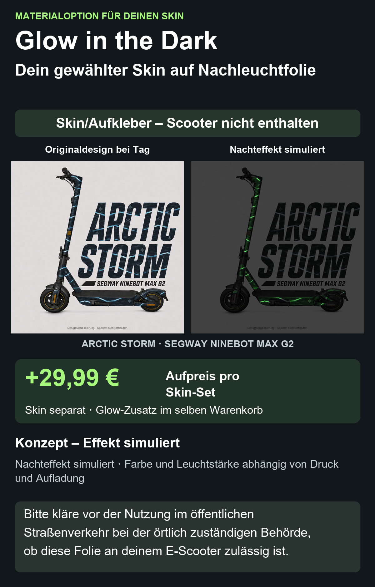 ARCTIC STORM · SEGWAY NINEBOT MAX G2 – Glow Zusatzoption +29,99 €; Skin separat; Effekt simuliert; Scooter nicht enthalten. Bitte kläre vor der Nutzung im öffentlichen Straßenverkehr bei der örtlich zuständigen Behörde, ob diese Folie an deinem E-Scooter zulässig ist.