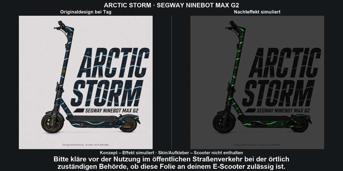 ARCTIC STORM · SEGWAY NINEBOT MAX G2 – Original bei Tag und simulierter grüner Nachleuchteffekt; Effekt simuliert; Scooter nicht enthalten. Bitte kläre vor der Nutzung im öffentlichen Straßenverkehr bei der örtlich zuständigen Behörde, ob diese Folie an deinem E-Scooter zulässig ist.