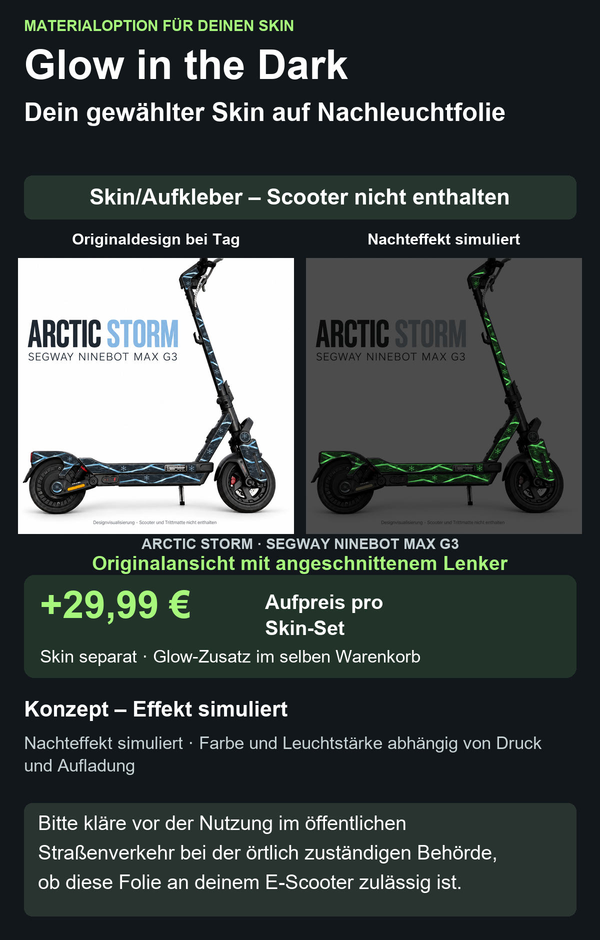 Originalansicht mit angeschnittenem Lenker; ARCTIC STORM · SEGWAY NINEBOT MAX G3 – Glow Zusatzoption +29,99 €; Skin separat; Effekt simuliert; Scooter nicht enthalten. Bitte kläre vor der Nutzung im öffentlichen Straßenverkehr bei der örtlich zuständigen Behörde, ob diese Folie an deinem E-Scooter zulässig ist.