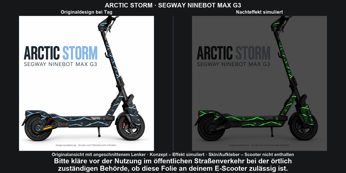 Originalansicht mit angeschnittenem Lenker; ARCTIC STORM · SEGWAY NINEBOT MAX G3 – Original bei Tag und simulierter grüner Nachleuchteffekt; Effekt simuliert; Scooter nicht enthalten. Bitte kläre vor der Nutzung im öffentlichen Straßenverkehr bei der örtlich zuständigen Behörde, ob diese Folie an deinem E-Scooter zulässig ist.