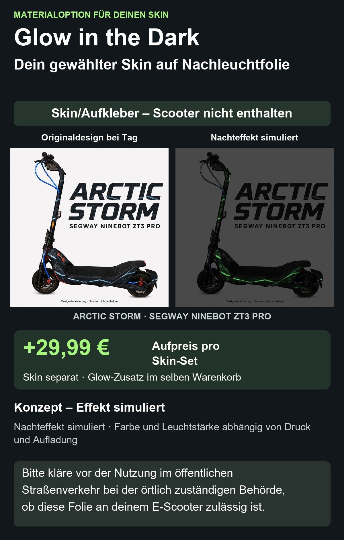 ARCTIC STORM · SEGWAY NINEBOT ZT3 PRO – Glow Zusatzoption +29,99 €; Skin separat; Effekt simuliert; Scooter nicht enthalten. Bitte kläre vor der Nutzung im öffentlichen Straßenverkehr bei der örtlich zuständigen Behörde, ob diese Folie an deinem E-Scooter zulässig ist.