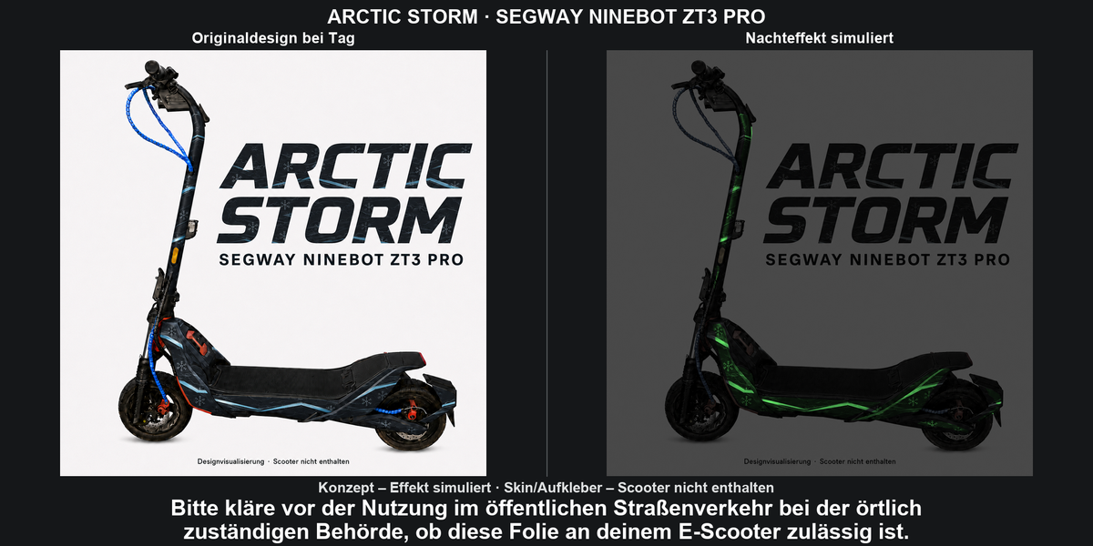 ARCTIC STORM · SEGWAY NINEBOT ZT3 PRO – Original bei Tag und simulierter grüner Nachleuchteffekt; Effekt simuliert; Scooter nicht enthalten. Bitte kläre vor der Nutzung im öffentlichen Straßenverkehr bei der örtlich zuständigen Behörde, ob diese Folie an deinem E-Scooter zulässig ist.