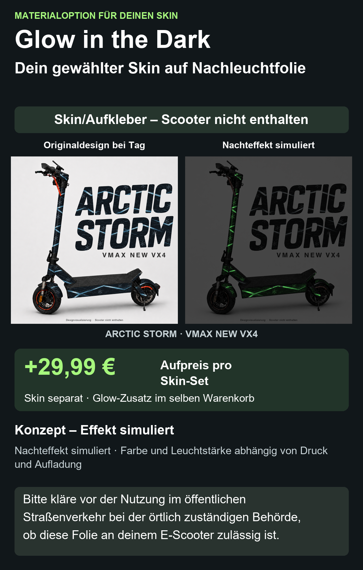 ARCTIC STORM · VMAX NEW VX4 – Glow Zusatzoption +29,99 €; Skin separat; Effekt simuliert; Scooter nicht enthalten. Bitte kläre vor der Nutzung im öffentlichen Straßenverkehr bei der örtlich zuständigen Behörde, ob diese Folie an deinem E-Scooter zulässig ist.