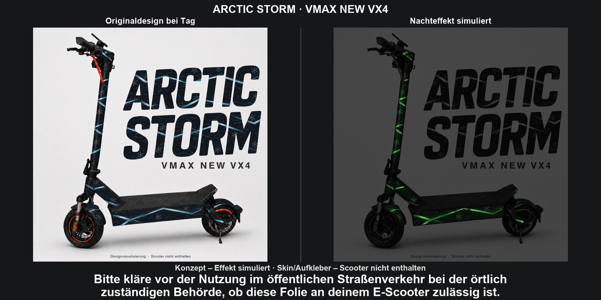 ARCTIC STORM · VMAX NEW VX4 – Original bei Tag und simulierter grüner Nachleuchteffekt; Effekt simuliert; Scooter nicht enthalten. Bitte kläre vor der Nutzung im öffentlichen Straßenverkehr bei der örtlich zuständigen Behörde, ob diese Folie an deinem E-Scooter zulässig ist.