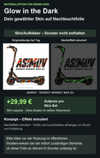 Asimov / MAX G3 – Originaldesign bei Tag und simulierter grüner Nachteffekt. Glow +29,99 € Aufpreis zum separaten Skin; Scooter nicht enthalten. Bitte kläre vor der Nutzung im öffentlichen Straßenverkehr bei der örtlich zuständigen Behörde, ob diese Folie an deinem E-Scooter zulässig ist.