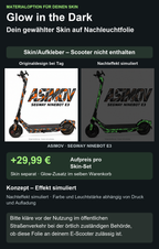 ASIMOV · SEGWAY NINEBOT E3 – Glow Zusatzoption +29,99 €; Skin separat; Effekt simuliert; Scooter nicht enthalten. Bitte kläre vor der Nutzung im öffentlichen Straßenverkehr bei der örtlich zuständigen Behörde, ob diese Folie an deinem E-Scooter zulässig ist.