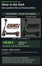 ASIMOV · SEGWAY NINEBOT GT3 – Glow Zusatzoption +29,99 €; Skin separat; Effekt simuliert; Scooter nicht enthalten. Bitte kläre vor der Nutzung im öffentlichen Straßenverkehr bei der örtlich zuständigen Behörde, ob diese Folie an deinem E-Scooter zulässig ist.