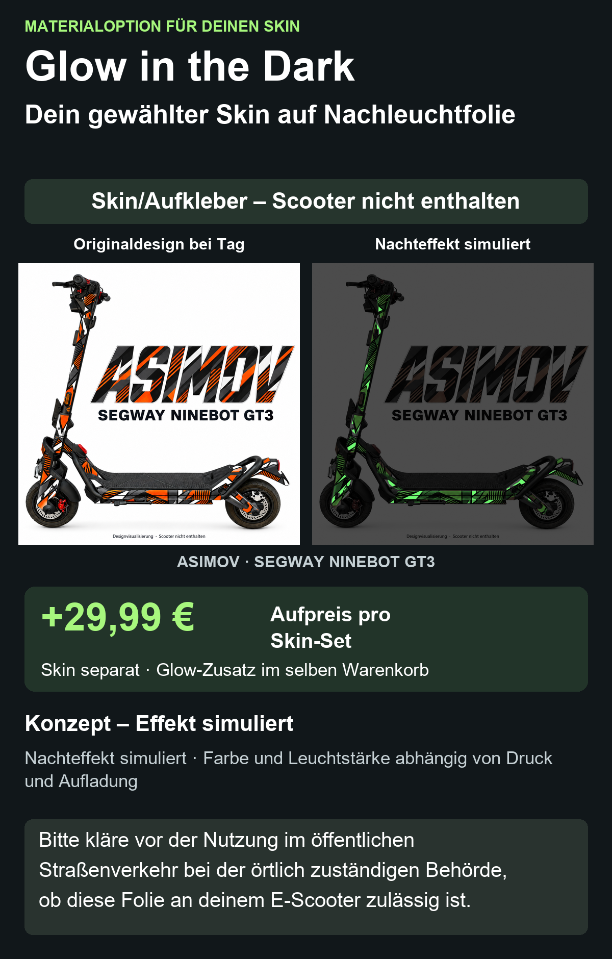 ASIMOV · SEGWAY NINEBOT GT3 – Glow Zusatzoption +29,99 €; Skin separat; Effekt simuliert; Scooter nicht enthalten. Bitte kläre vor der Nutzung im öffentlichen Straßenverkehr bei der örtlich zuständigen Behörde, ob diese Folie an deinem E-Scooter zulässig ist.