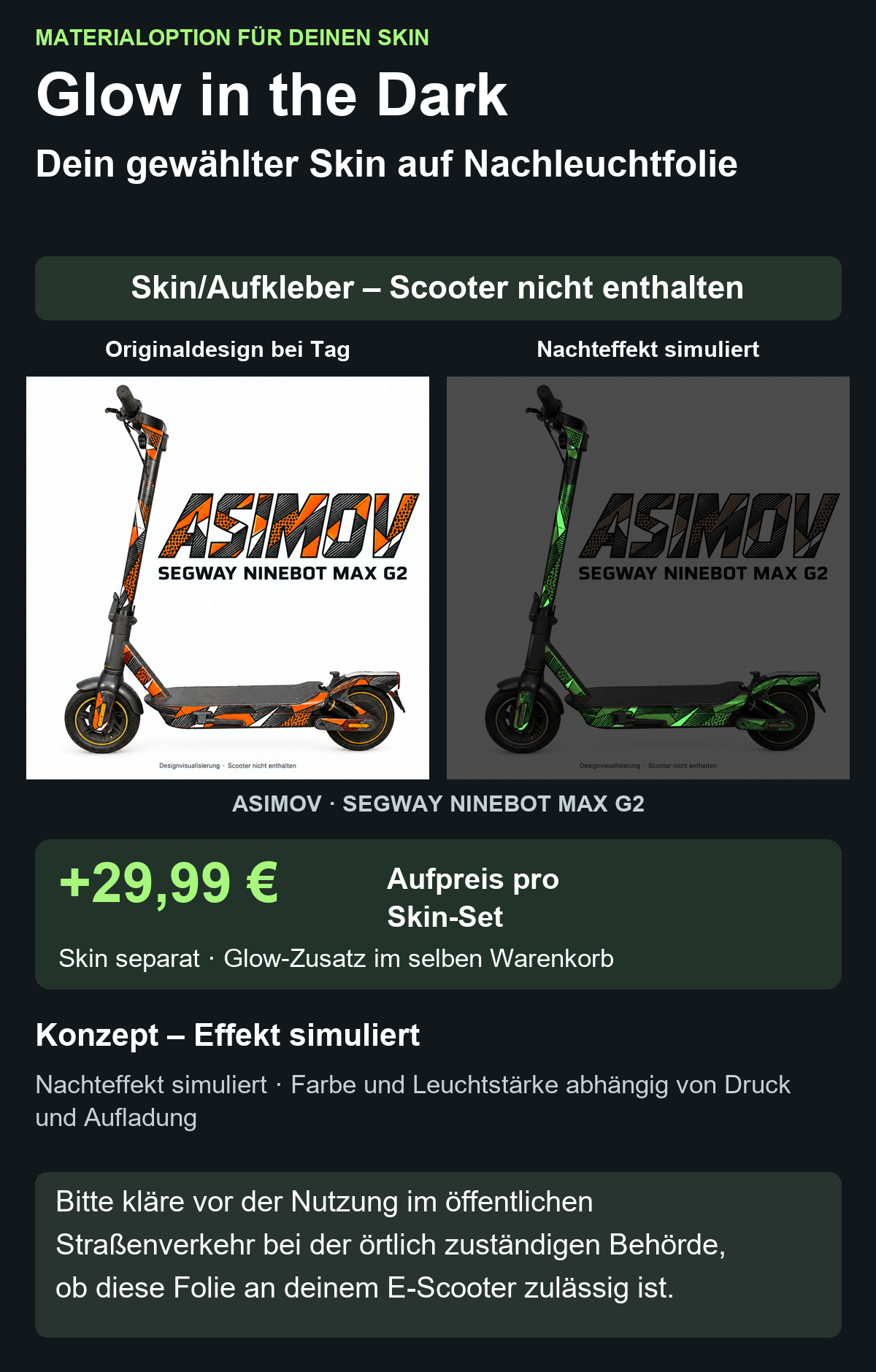 ASIMOV · SEGWAY NINEBOT MAX G2 – Glow Zusatzoption +29,99 €; Skin separat; Effekt simuliert; Scooter nicht enthalten. Bitte kläre vor der Nutzung im öffentlichen Straßenverkehr bei der örtlich zuständigen Behörde, ob diese Folie an deinem E-Scooter zulässig ist.