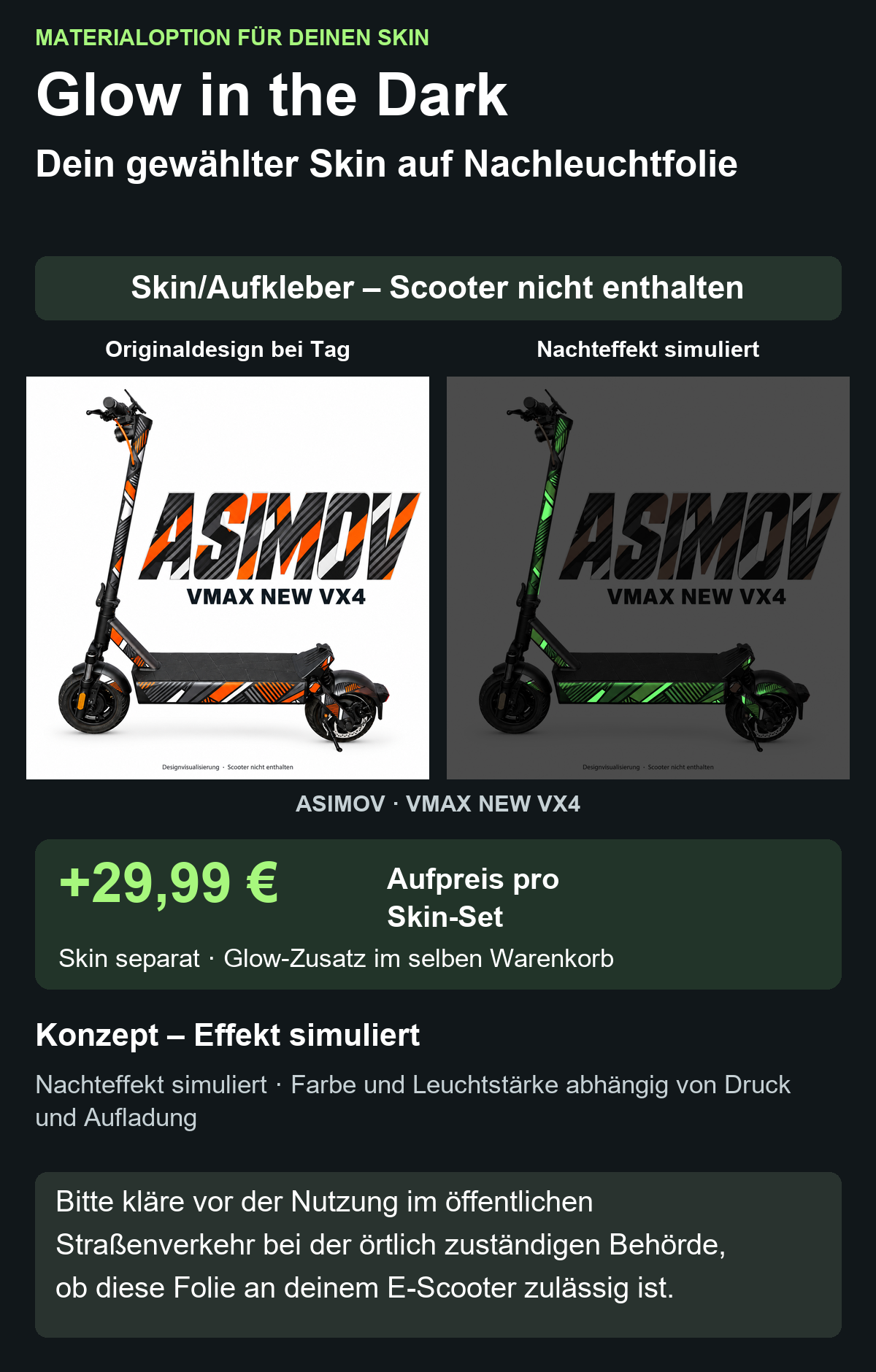 ASIMOV · VMAX NEW VX4 – Glow Zusatzoption +29,99 €; Skin separat; Effekt simuliert; Scooter nicht enthalten. Bitte kläre vor der Nutzung im öffentlichen Straßenverkehr bei der örtlich zuständigen Behörde, ob diese Folie an deinem E-Scooter zulässig ist.