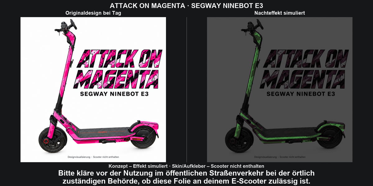 ATTACK ON MAGENTA · SEGWAY NINEBOT E3 – Original bei Tag und simulierter grüner Nachleuchteffekt; Effekt simuliert; Scooter nicht enthalten. Bitte kläre vor der Nutzung im öffentlichen Straßenverkehr bei der örtlich zuständigen Behörde, ob diese Folie an deinem E-Scooter zulässig ist.