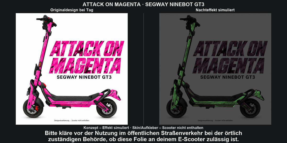 ATTACK ON MAGENTA · SEGWAY NINEBOT GT3 – Original bei Tag und simulierter grüner Nachleuchteffekt; Effekt simuliert; Scooter nicht enthalten. Bitte kläre vor der Nutzung im öffentlichen Straßenverkehr bei der örtlich zuständigen Behörde, ob diese Folie an deinem E-Scooter zulässig ist.