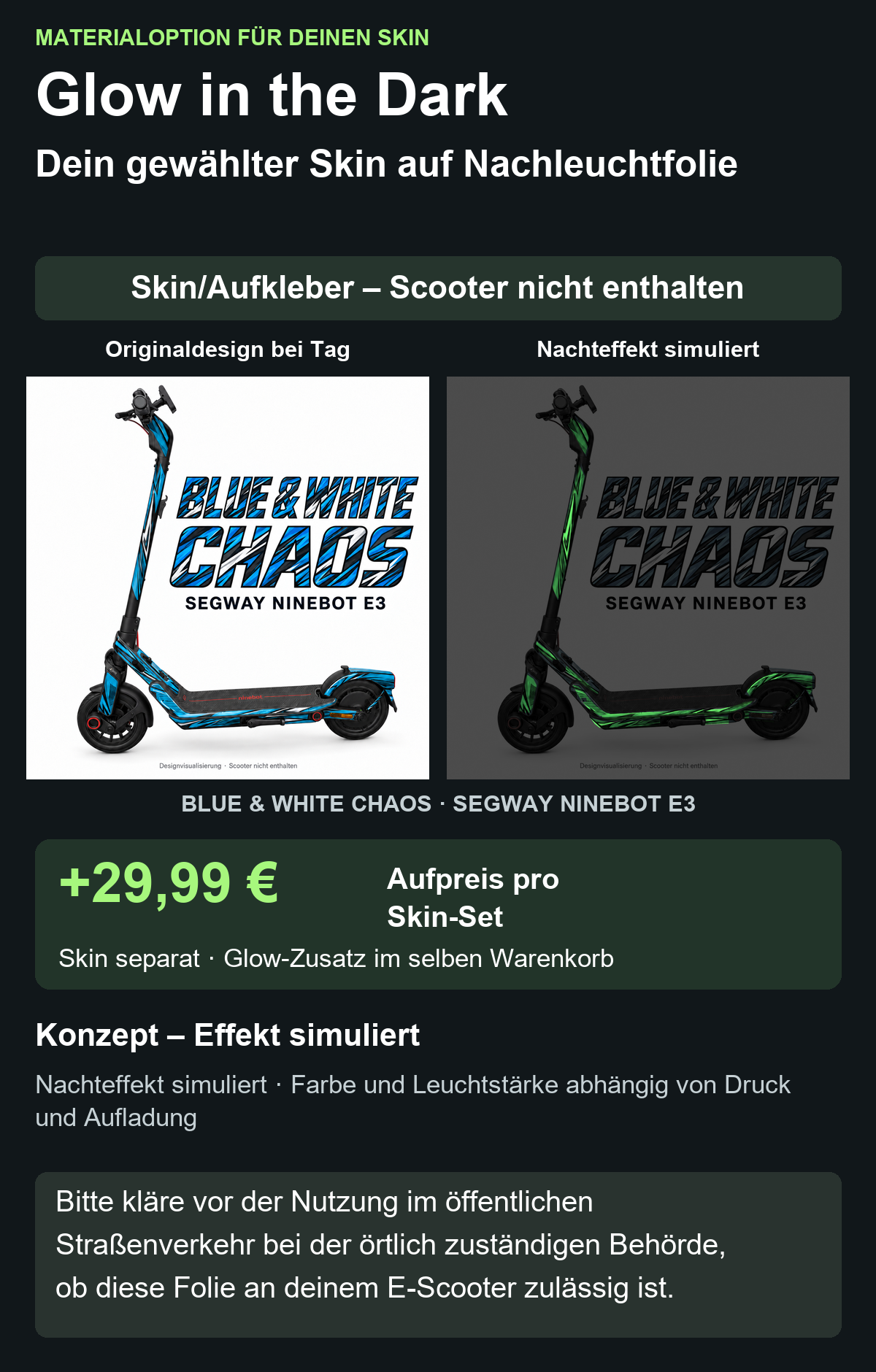 BLUE & WHITE CHAOS · SEGWAY NINEBOT E3 – Glow Zusatzoption +29,99 €; Skin separat; Effekt simuliert; Scooter nicht enthalten. Bitte kläre vor der Nutzung im öffentlichen Straßenverkehr bei der örtlich zuständigen Behörde, ob diese Folie an deinem E-Scooter zulässig ist.