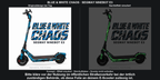 BLUE & WHITE CHAOS · SEGWAY NINEBOT E3 – Original bei Tag und simulierter grüner Nachleuchteffekt; Effekt simuliert; Scooter nicht enthalten. Bitte kläre vor der Nutzung im öffentlichen Straßenverkehr bei der örtlich zuständigen Behörde, ob diese Folie an deinem E-Scooter zulässig ist.