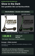 CAMOUFLAGE FLECKTARN · SEGWAY NINEBOT E3 – Glow Zusatzoption +29,99 €; Skin separat; Effekt simuliert; Scooter nicht enthalten. Bitte kläre vor der Nutzung im öffentlichen Straßenverkehr bei der örtlich zuständigen Behörde, ob diese Folie an deinem E-Scooter zulässig ist.