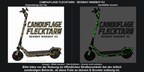 CAMOUFLAGE FLECKTARN · SEGWAY NINEBOT E3 – Original bei Tag und simulierter grüner Nachleuchteffekt; Effekt simuliert; Scooter nicht enthalten. Bitte kläre vor der Nutzung im öffentlichen Straßenverkehr bei der örtlich zuständigen Behörde, ob diese Folie an deinem E-Scooter zulässig ist.