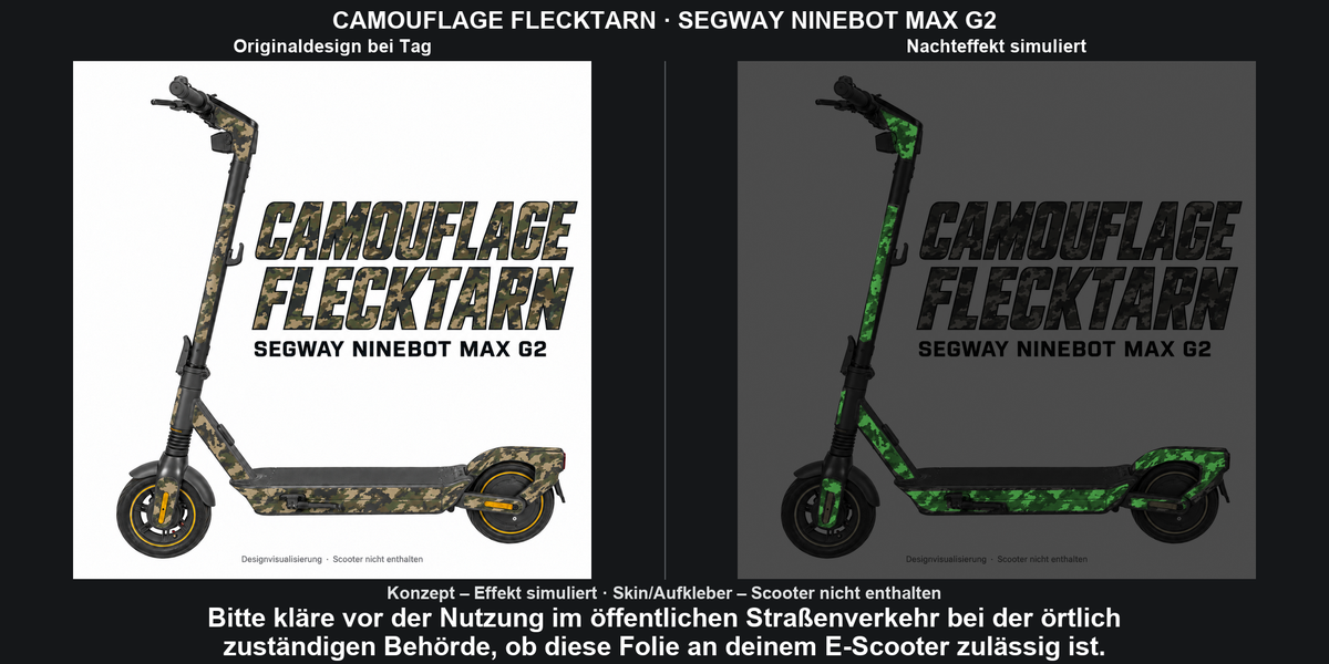 CAMOUFLAGE FLECKTARN · SEGWAY NINEBOT MAX G2 – Original bei Tag und simulierter grüner Nachleuchteffekt; Effekt simuliert; Scooter nicht enthalten. Bitte kläre vor der Nutzung im öffentlichen Straßenverkehr bei der örtlich zuständigen Behörde, ob diese Folie an deinem E-Scooter zulässig ist.