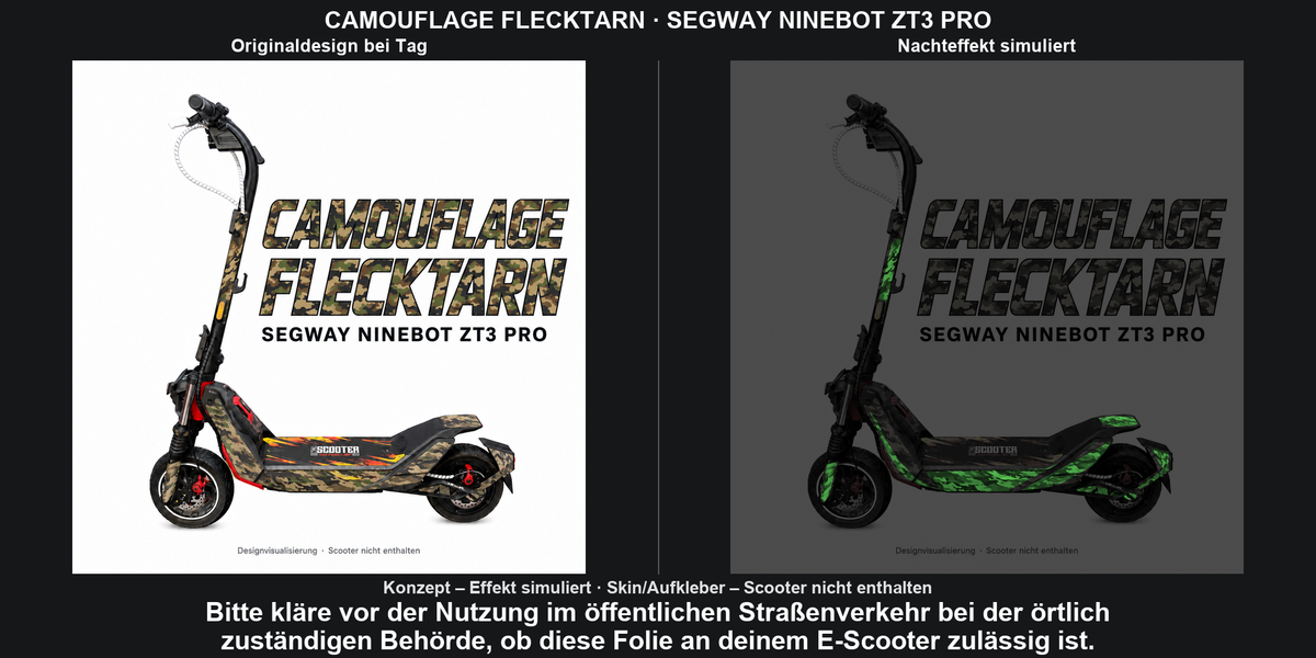 CAMOUFLAGE FLECKTARN · SEGWAY NINEBOT ZT3 PRO – Original bei Tag und simulierter grüner Nachleuchteffekt; Effekt simuliert; Scooter nicht enthalten. Bitte kläre vor der Nutzung im öffentlichen Straßenverkehr bei der örtlich zuständigen Behörde, ob diese Folie an deinem E-Scooter zulässig ist.