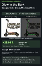 CAMOUFLAGE FLECKTARN · VMAX NEW VX4 – Glow Zusatzoption +29,99 €; Skin separat; Effekt simuliert; Scooter nicht enthalten. Bitte kläre vor der Nutzung im öffentlichen Straßenverkehr bei der örtlich zuständigen Behörde, ob diese Folie an deinem E-Scooter zulässig ist.