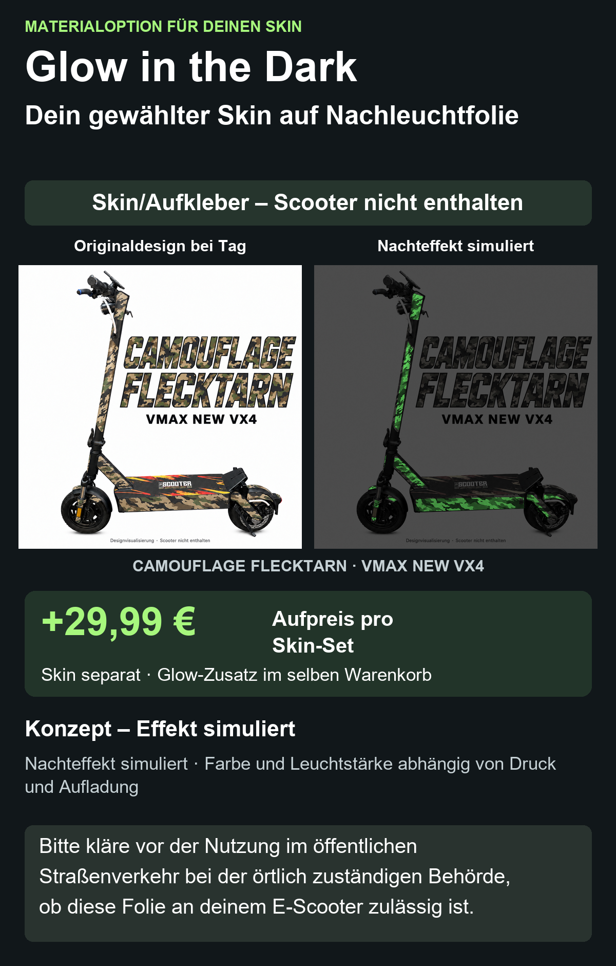 CAMOUFLAGE FLECKTARN · VMAX NEW VX4 – Glow Zusatzoption +29,99 €; Skin separat; Effekt simuliert; Scooter nicht enthalten. Bitte kläre vor der Nutzung im öffentlichen Straßenverkehr bei der örtlich zuständigen Behörde, ob diese Folie an deinem E-Scooter zulässig ist.