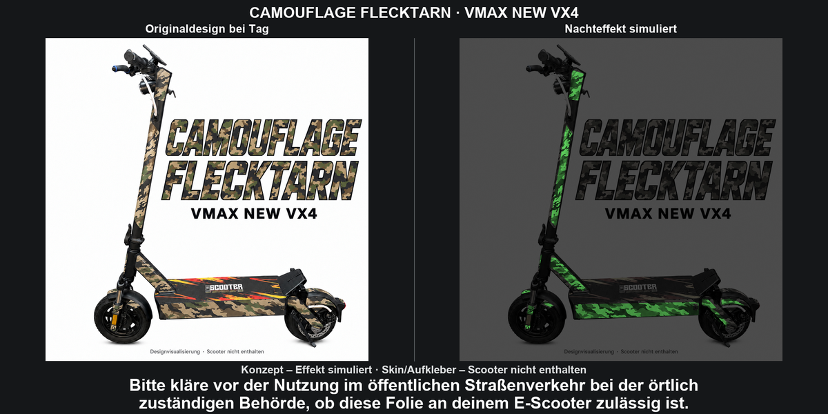 CAMOUFLAGE FLECKTARN · VMAX NEW VX4 – Original bei Tag und simulierter grüner Nachleuchteffekt; Effekt simuliert; Scooter nicht enthalten. Bitte kläre vor der Nutzung im öffentlichen Straßenverkehr bei der örtlich zuständigen Behörde, ob diese Folie an deinem E-Scooter zulässig ist.