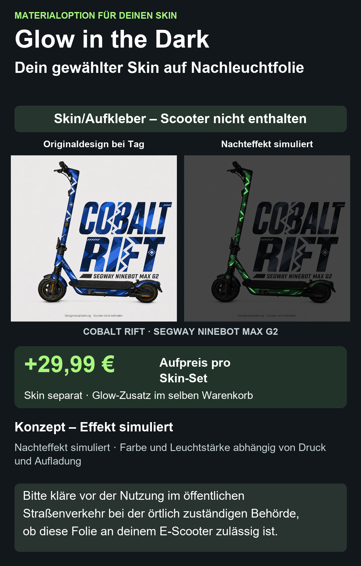 COBALT RIFT · SEGWAY NINEBOT MAX G2 – Glow Zusatzoption +29,99 €; Skin separat; Effekt simuliert; Scooter nicht enthalten. Bitte kläre vor der Nutzung im öffentlichen Straßenverkehr bei der örtlich zuständigen Behörde, ob diese Folie an deinem E-Scooter zulässig ist.
