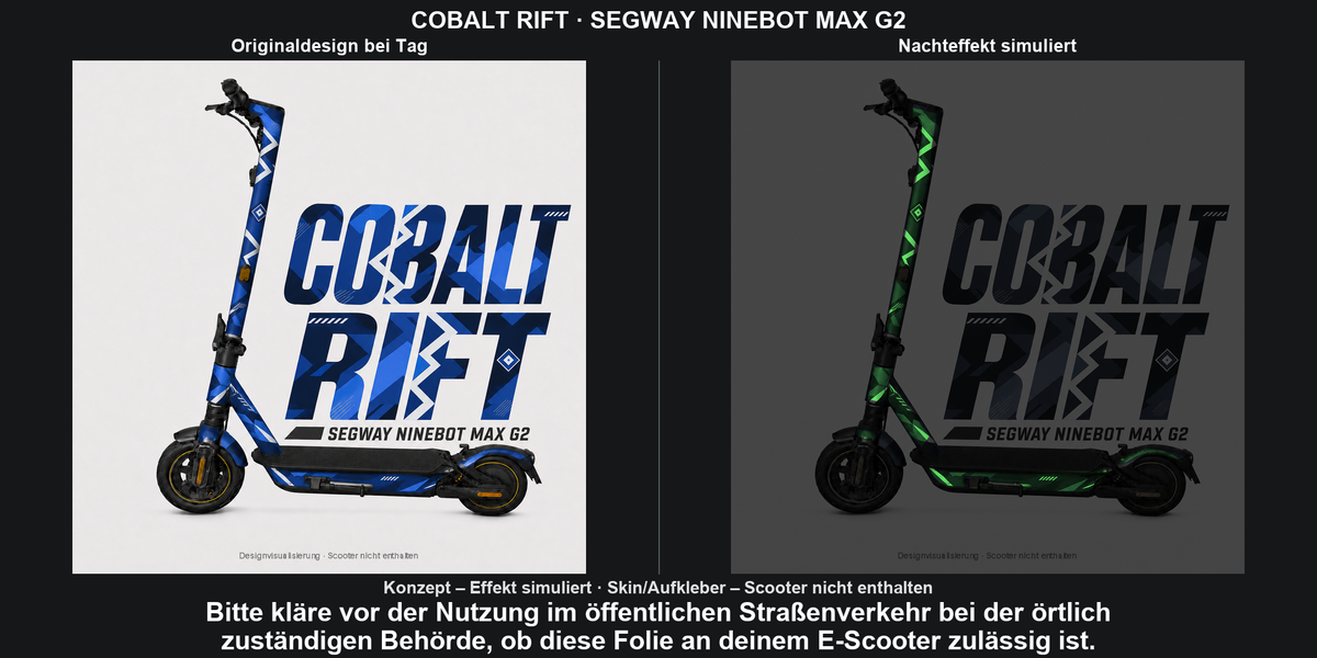 COBALT RIFT · SEGWAY NINEBOT MAX G2 – Original bei Tag und simulierter grüner Nachleuchteffekt; Effekt simuliert; Scooter nicht enthalten. Bitte kläre vor der Nutzung im öffentlichen Straßenverkehr bei der örtlich zuständigen Behörde, ob diese Folie an deinem E-Scooter zulässig ist.