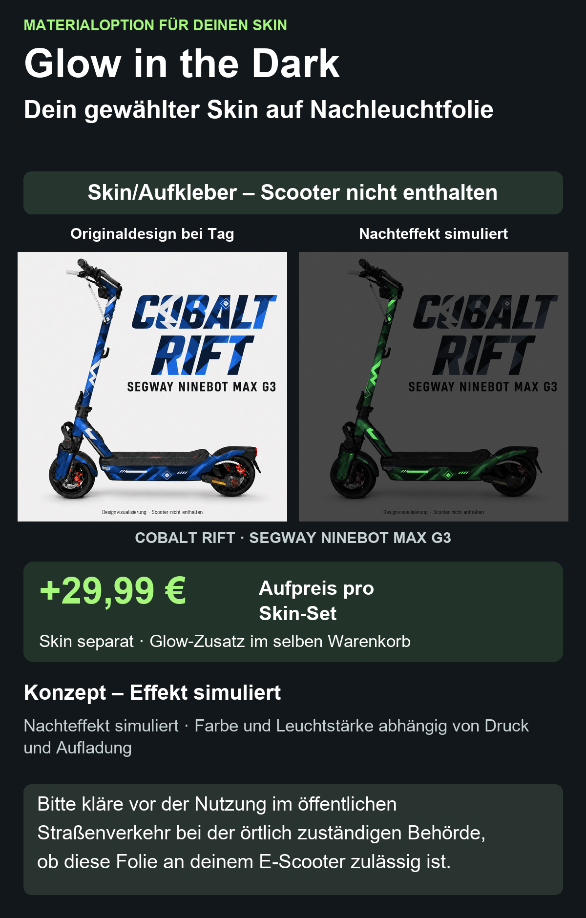COBALT RIFT · SEGWAY NINEBOT MAX G3 – Glow Zusatzoption +29,99 €; Skin separat; Effekt simuliert; Scooter nicht enthalten. Bitte kläre vor der Nutzung im öffentlichen Straßenverkehr bei der örtlich zuständigen Behörde, ob diese Folie an deinem E-Scooter zulässig ist.