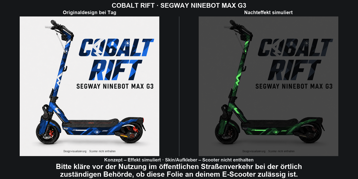 COBALT RIFT · SEGWAY NINEBOT MAX G3 – Original bei Tag und simulierter grüner Nachleuchteffekt; Effekt simuliert; Scooter nicht enthalten. Bitte kläre vor der Nutzung im öffentlichen Straßenverkehr bei der örtlich zuständigen Behörde, ob diese Folie an deinem E-Scooter zulässig ist.