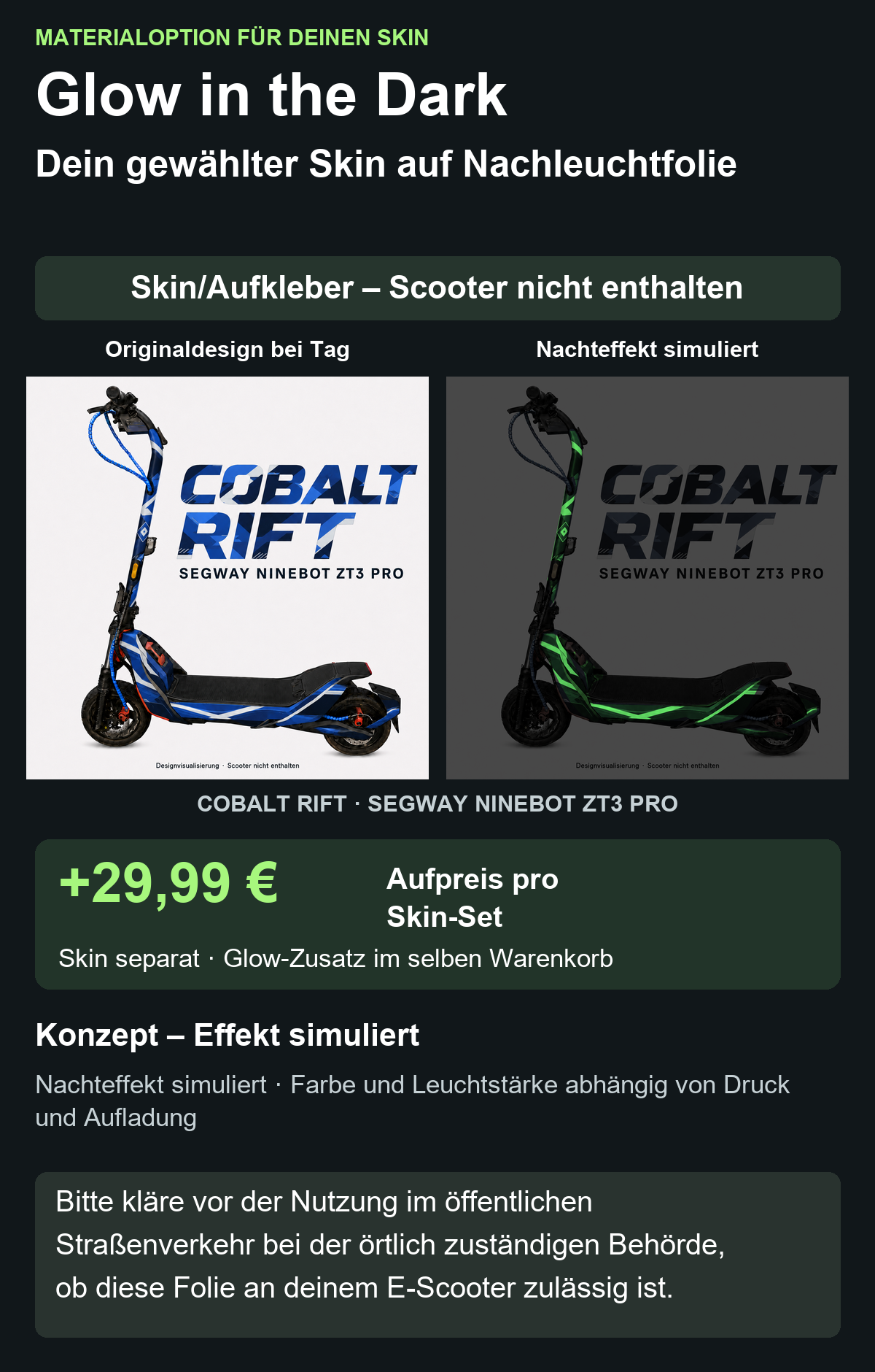 COBALT RIFT · SEGWAY NINEBOT ZT3 PRO – Glow Zusatzoption +29,99 €; Skin separat; Effekt simuliert; Scooter nicht enthalten. Bitte kläre vor der Nutzung im öffentlichen Straßenverkehr bei der örtlich zuständigen Behörde, ob diese Folie an deinem E-Scooter zulässig ist.