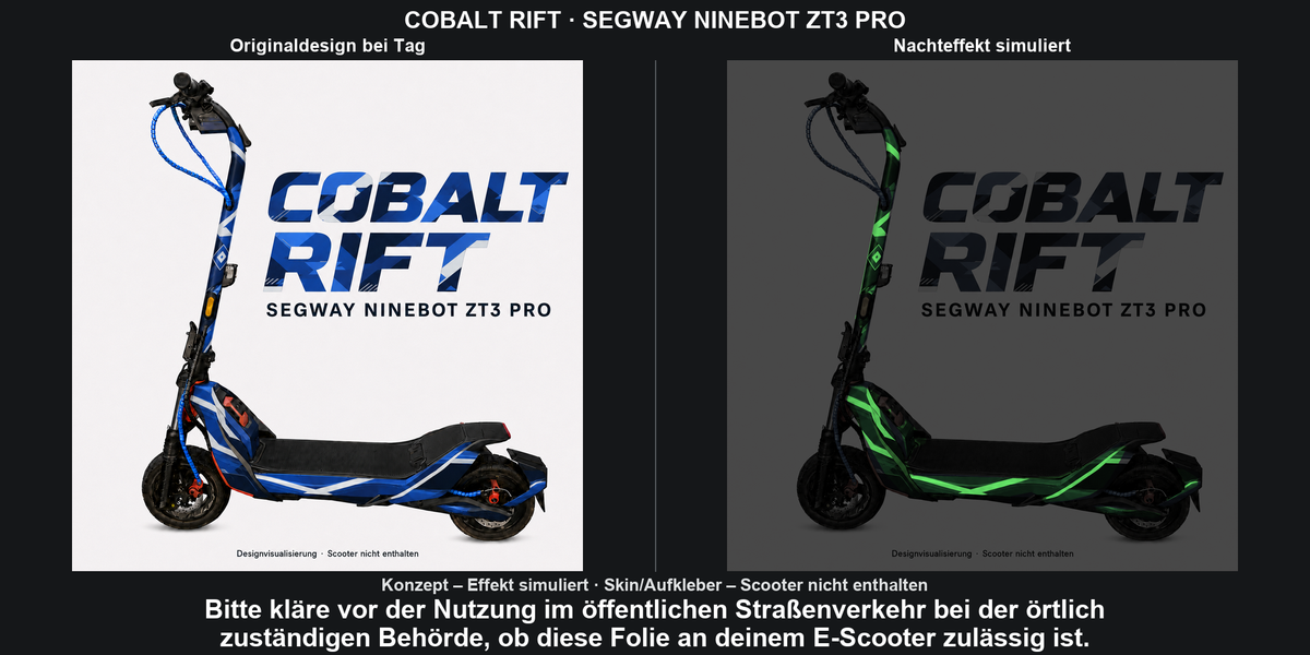 COBALT RIFT · SEGWAY NINEBOT ZT3 PRO – Original bei Tag und simulierter grüner Nachleuchteffekt; Effekt simuliert; Scooter nicht enthalten. Bitte kläre vor der Nutzung im öffentlichen Straßenverkehr bei der örtlich zuständigen Behörde, ob diese Folie an deinem E-Scooter zulässig ist.