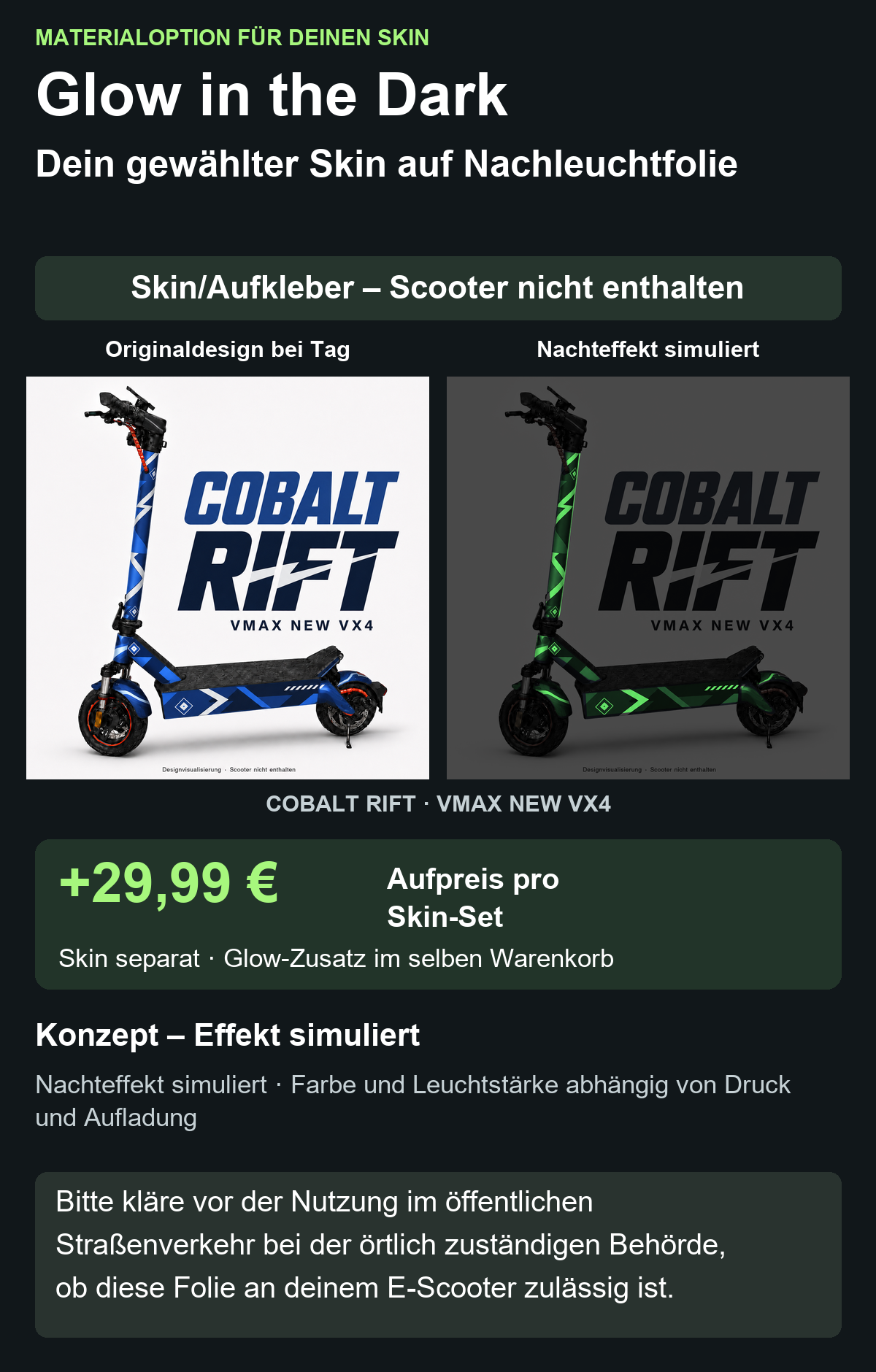 COBALT RIFT · VMAX NEW VX4 – Glow Zusatzoption +29,99 €; Skin separat; Effekt simuliert; Scooter nicht enthalten. Bitte kläre vor der Nutzung im öffentlichen Straßenverkehr bei der örtlich zuständigen Behörde, ob diese Folie an deinem E-Scooter zulässig ist.
