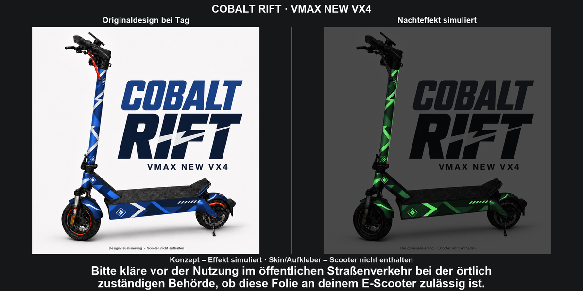 COBALT RIFT · VMAX NEW VX4 – Original bei Tag und simulierter grüner Nachleuchteffekt; Effekt simuliert; Scooter nicht enthalten. Bitte kläre vor der Nutzung im öffentlichen Straßenverkehr bei der örtlich zuständigen Behörde, ob diese Folie an deinem E-Scooter zulässig ist.