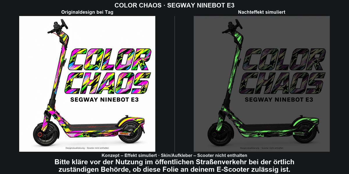 COLOR CHAOS · SEGWAY NINEBOT E3 – Original bei Tag und simulierter grüner Nachleuchteffekt; Effekt simuliert; Scooter nicht enthalten. Bitte kläre vor der Nutzung im öffentlichen Straßenverkehr bei der örtlich zuständigen Behörde, ob diese Folie an deinem E-Scooter zulässig ist.