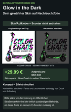 COLOR CHAOS · SEGWAY NINEBOT GT3 – Glow Zusatzoption +29,99 €; Skin separat; Effekt simuliert; Scooter nicht enthalten. Bitte kläre vor der Nutzung im öffentlichen Straßenverkehr bei der örtlich zuständigen Behörde, ob diese Folie an deinem E-Scooter zulässig ist.