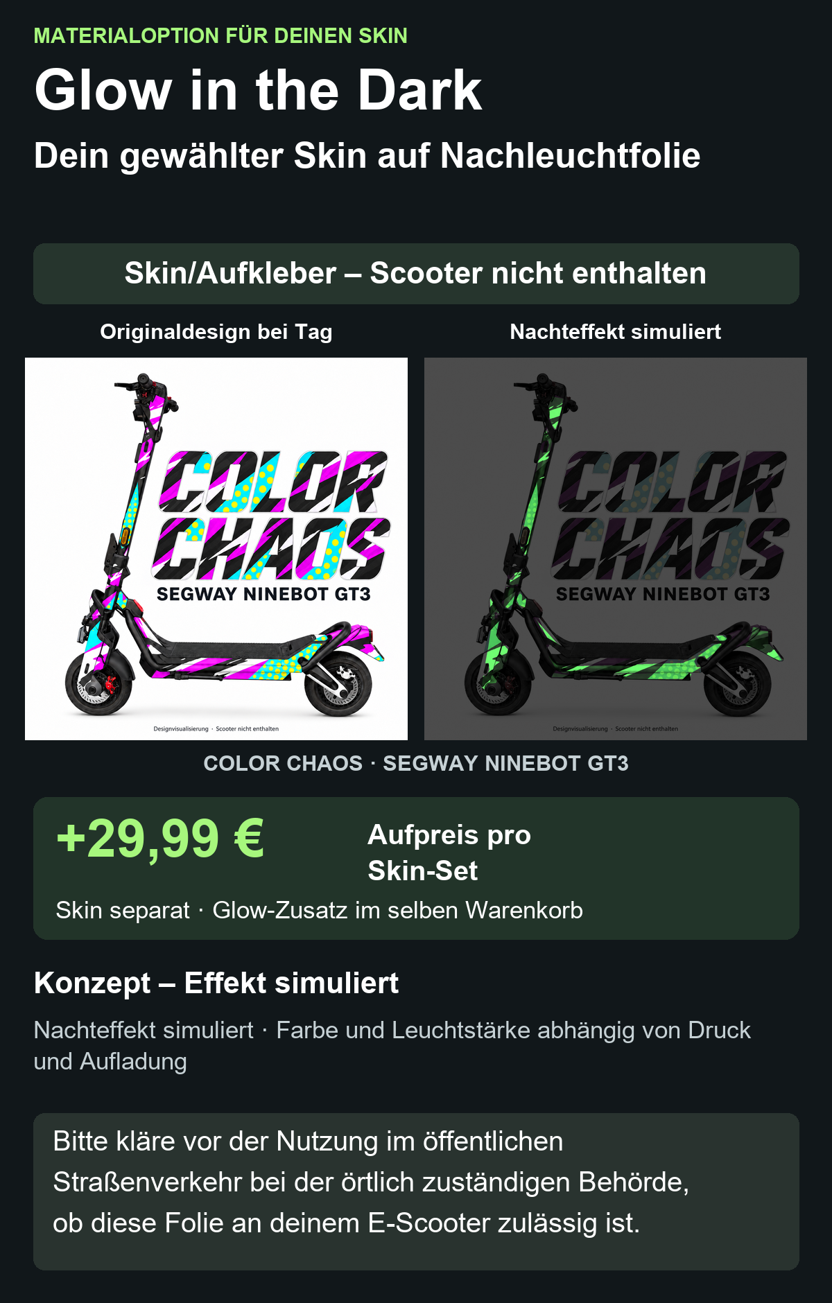 COLOR CHAOS · SEGWAY NINEBOT GT3 – Glow Zusatzoption +29,99 €; Skin separat; Effekt simuliert; Scooter nicht enthalten. Bitte kläre vor der Nutzung im öffentlichen Straßenverkehr bei der örtlich zuständigen Behörde, ob diese Folie an deinem E-Scooter zulässig ist.