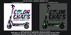 COLOR CHAOS · SEGWAY NINEBOT GT3 – Original bei Tag und simulierter grüner Nachleuchteffekt; Effekt simuliert; Scooter nicht enthalten. Bitte kläre vor der Nutzung im öffentlichen Straßenverkehr bei der örtlich zuständigen Behörde, ob diese Folie an deinem E-Scooter zulässig ist.