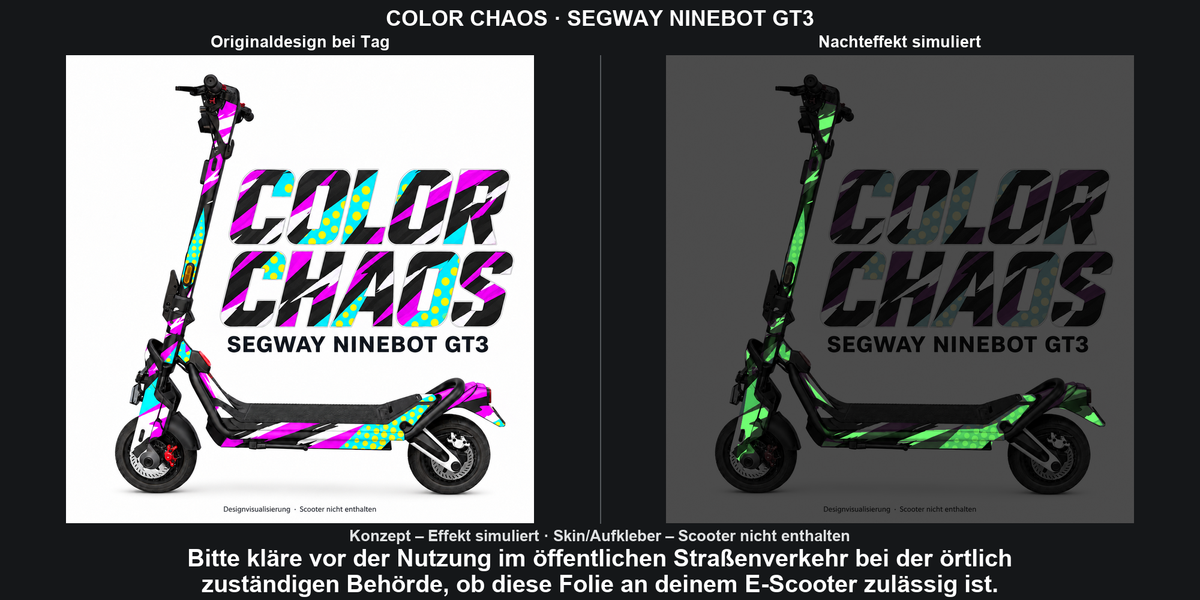 COLOR CHAOS · SEGWAY NINEBOT GT3 – Original bei Tag und simulierter grüner Nachleuchteffekt; Effekt simuliert; Scooter nicht enthalten. Bitte kläre vor der Nutzung im öffentlichen Straßenverkehr bei der örtlich zuständigen Behörde, ob diese Folie an deinem E-Scooter zulässig ist.