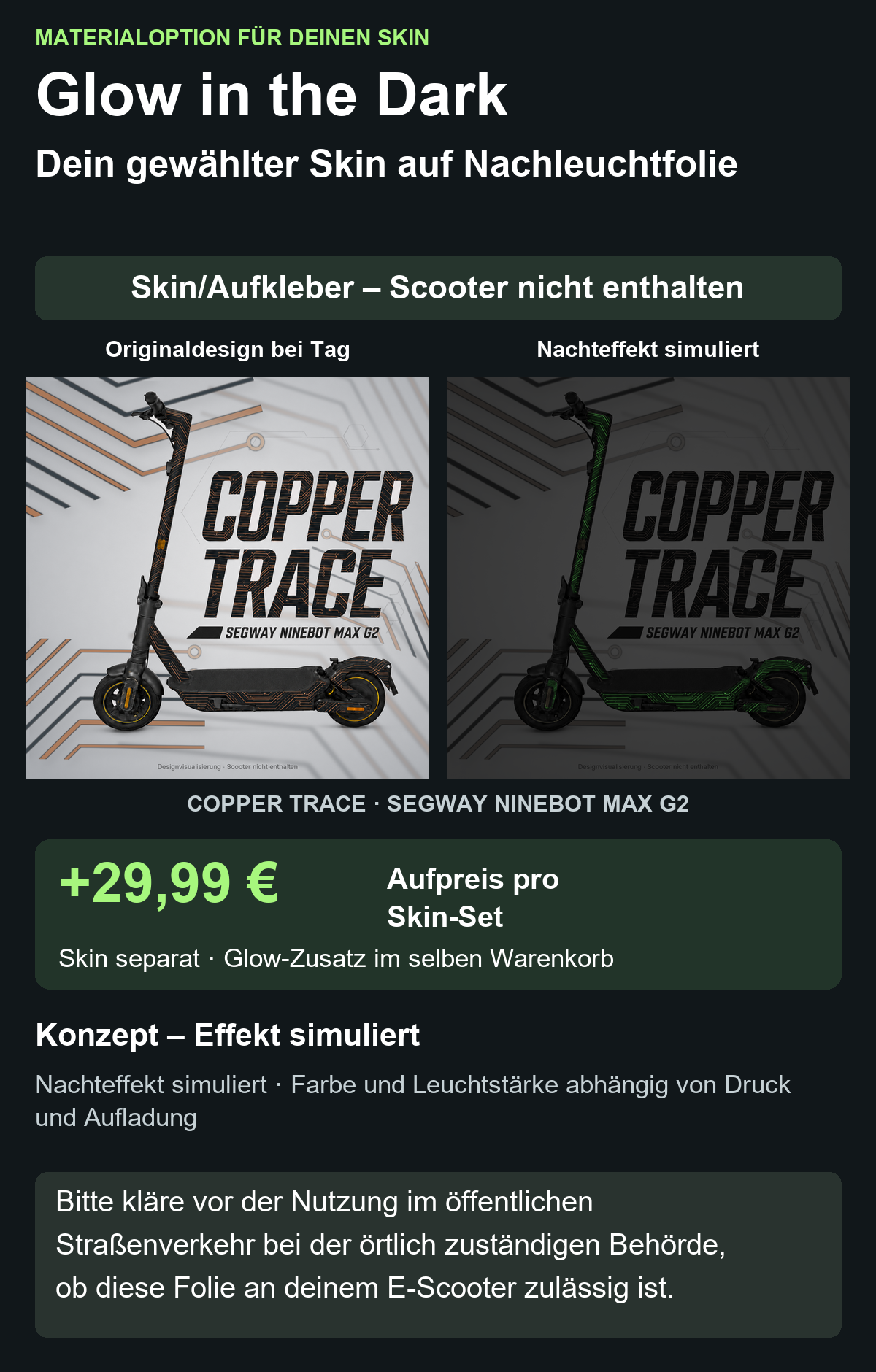 COPPER TRACE · SEGWAY NINEBOT MAX G2 – Glow Zusatzoption +29,99 €; Skin separat; Effekt simuliert; Scooter nicht enthalten. Bitte kläre vor der Nutzung im öffentlichen Straßenverkehr bei der örtlich zuständigen Behörde, ob diese Folie an deinem E-Scooter zulässig ist.