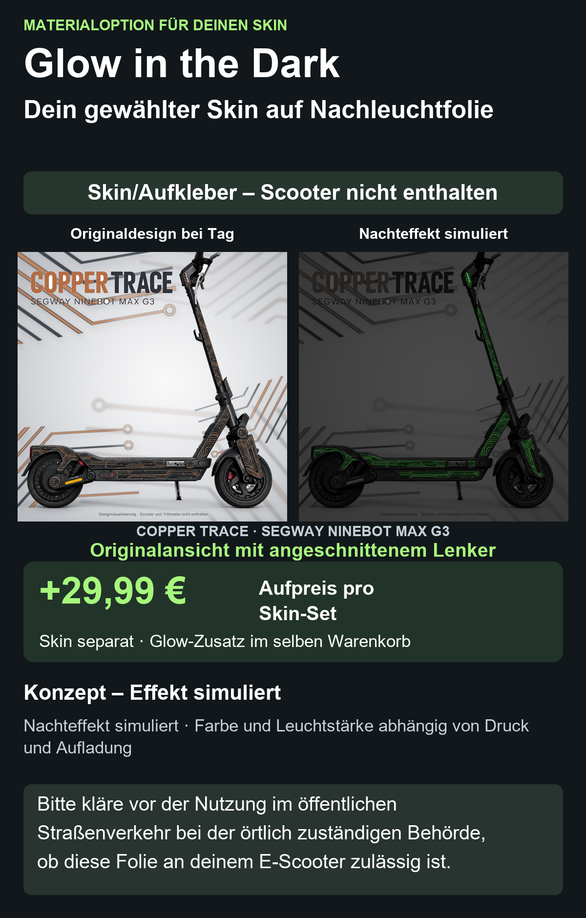 Originalansicht mit angeschnittenem Lenker; COPPER TRACE · SEGWAY NINEBOT MAX G3 – Glow Zusatzoption +29,99 €; Skin separat; Effekt simuliert; Scooter nicht enthalten. Bitte kläre vor der Nutzung im öffentlichen Straßenverkehr bei der örtlich zuständigen Behörde, ob diese Folie an deinem E-Scooter zulässig ist.